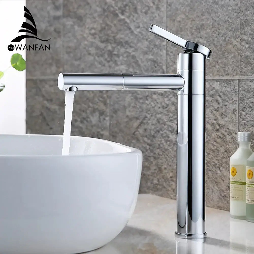 Modern chrome brass bathroom faucet with single-handle cylindrical design and waterfall spout for bathroom faucet vessel use
