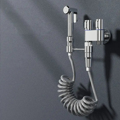 Modern chrome brass bidet set with coiled hose and dual control valves for high pressure handheld spray bathroom use
