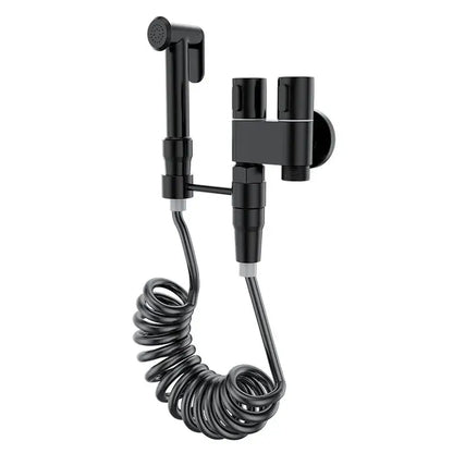 Black matte-finish brass bidet set with wall-mounted dual-handle control and coiled hose for high-pressure use