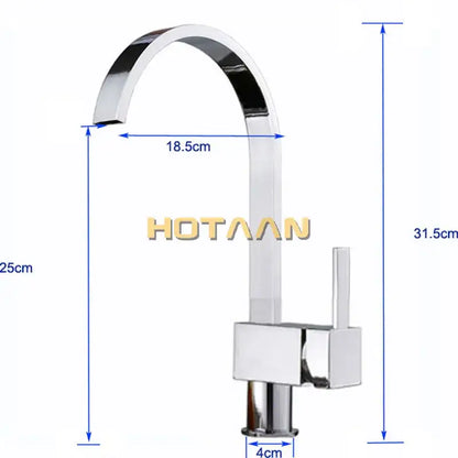 Modern chrome and brass dual hole kitchen tap with a sleek curved spout and square base in chrome finish