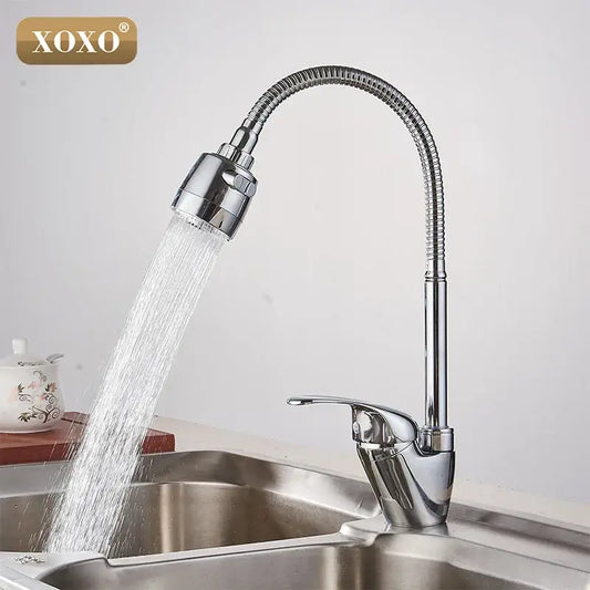 Modern chrome brass kitchen faucet by xoxo with flexible articulated gooseneck spout and pull-down spray head for decorbites brass kitchen use