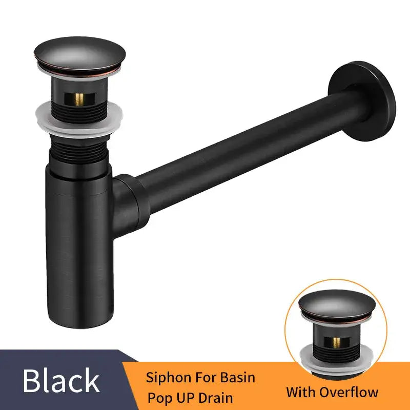 Black matte brass round bottle trap with pop-up siphon drain and overflow for modern bathroom decorbites brass round sink