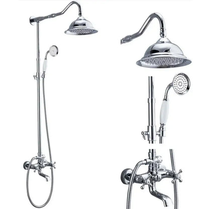 Modern chrome brass shower mixer with dual handle featuring vintage-style rainhead and white ceramic handles