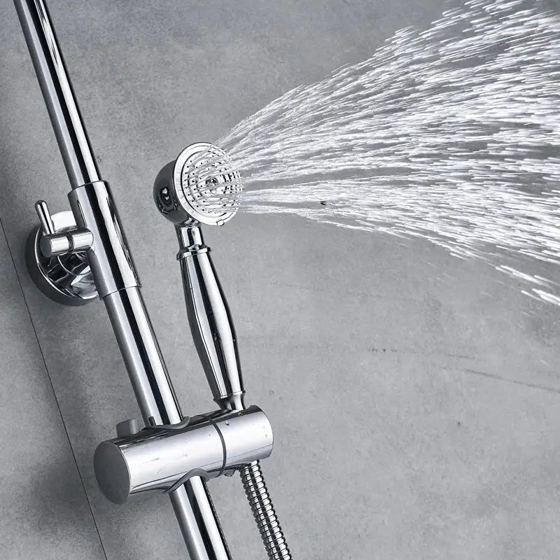 Modern chrome brass shower mixer with handheld showerhead featuring sleek design and multiple spray nozzles