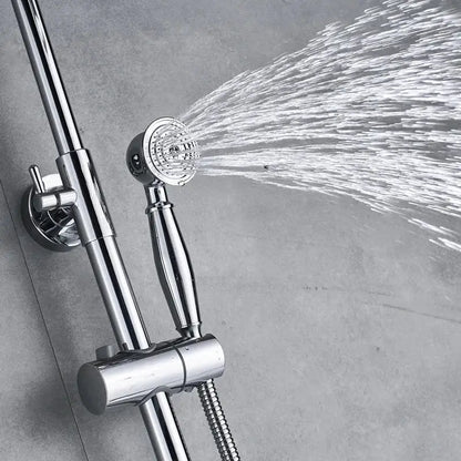 Modern chrome brass shower mixer with handheld showerhead featuring sleek design and multiple spray nozzles