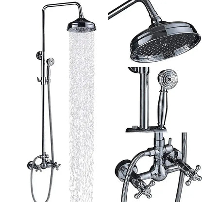 Modern chrome brass shower mixer with dual handle cross faucets tall overhead rainhead and handheld spray nozzle