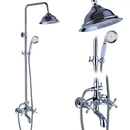 Modern chrome brass shower mixer with dual handle faucet, tall rainfall head, and handheld spray with lavender grip