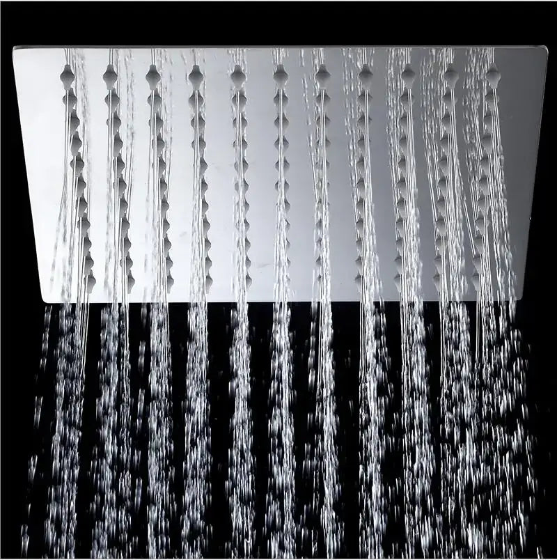Modern chrome brass square rain shower head with sleek brushed metallic finish and multiple vertical water jets