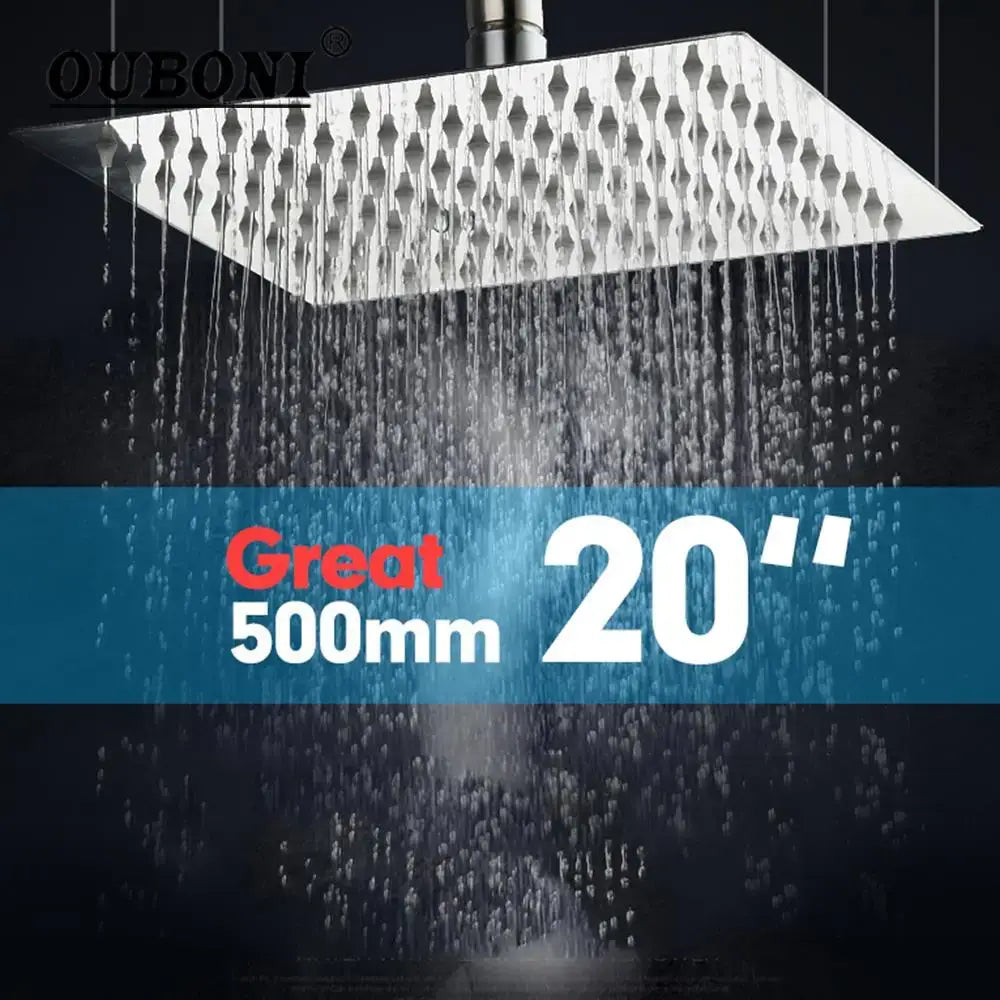 Modern chrome brass square rain shower head with brushed stainless steel finish and diamond-patterned 20-inch design