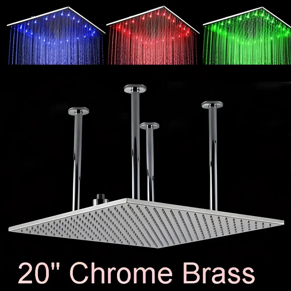 Modern chrome and brushed nickel 20-inch rainfall shower head with led lighting in blue red and green colors