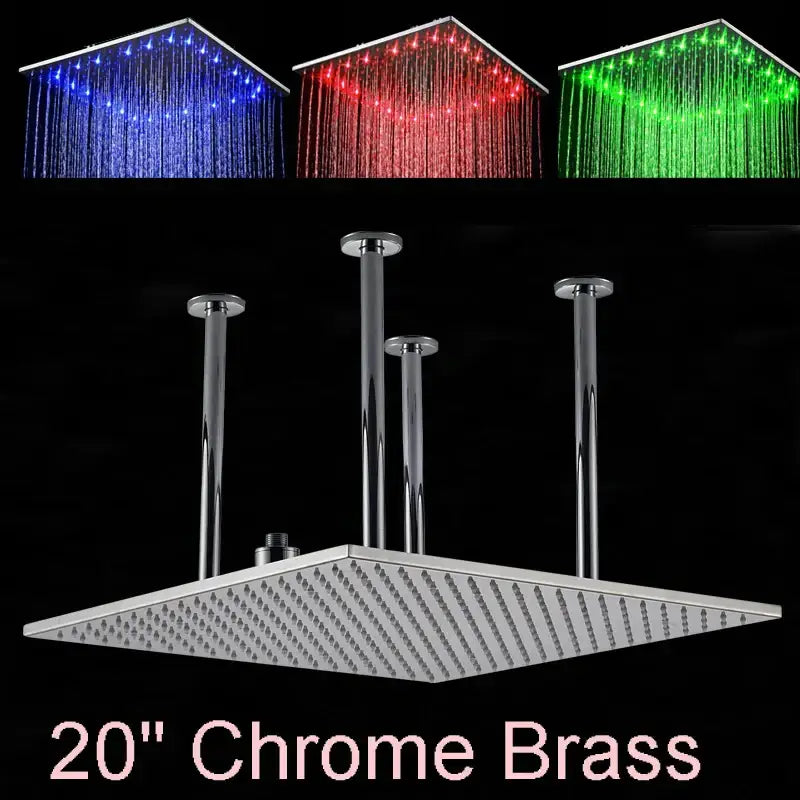 Modern chrome and brushed nickel rainfall shower head 20-inch chrome brass with led lighting in blue red and green colors