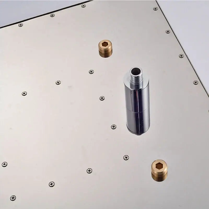 A sleek chrome-plated metal pipe with threaded ends and brass cap for modern rainfall shower head installation