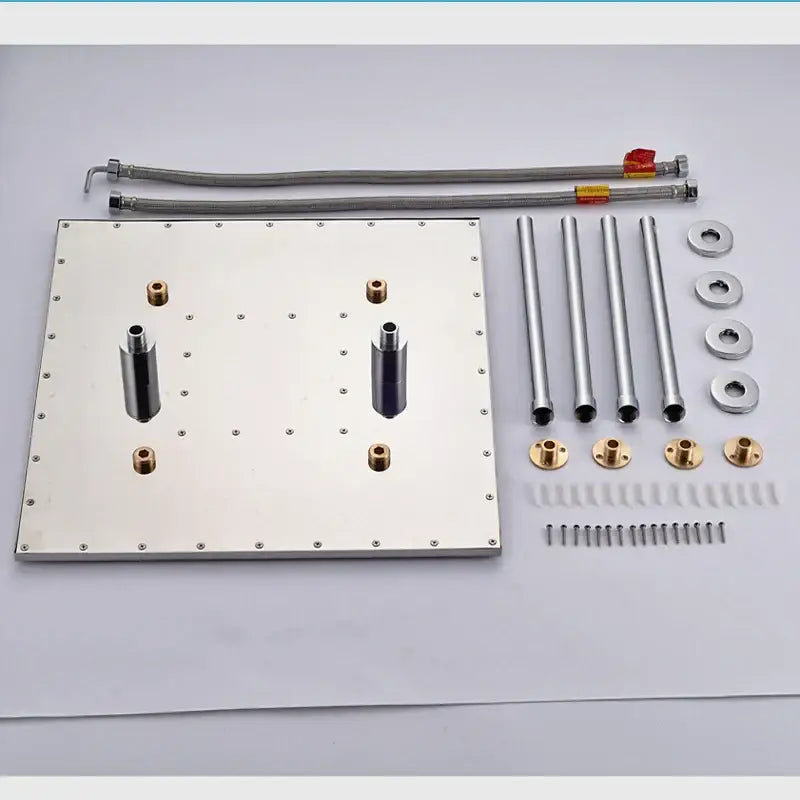 Modern chrome and brushed nickel rainfall shower head mounting plate in stainless steel with brass fittings shown from back side