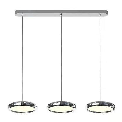 Modern chrome circular dining pendant led light fixture with three illuminated bulbs for kitchen decorbites circular dining