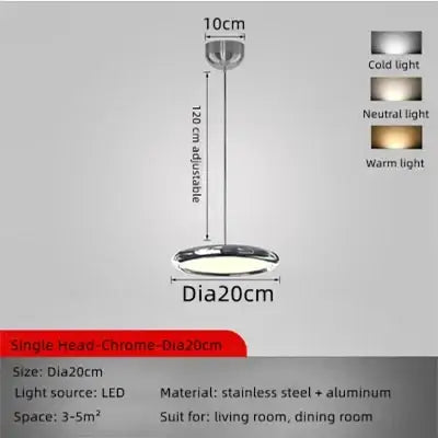 Modern chrome circular dining pendant led light with sleek circular design and adjustable 120cm stem by decorbites