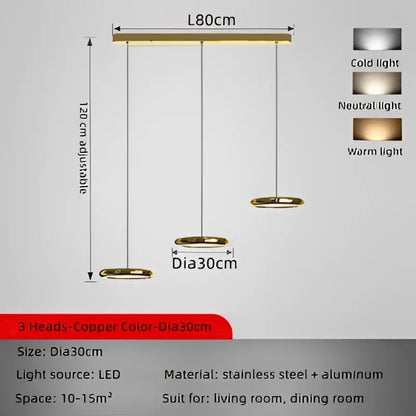 Modern chrome circular dining pendant led light with gold three-head design and copper shades for decorbites circular dining