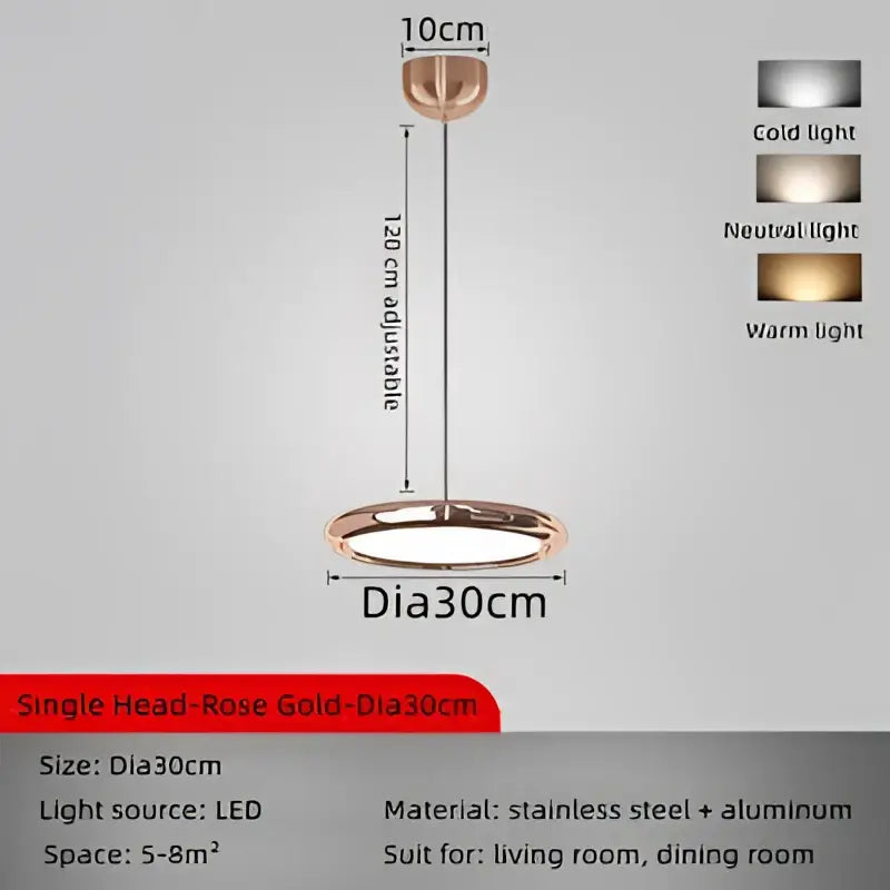 Rose gold led light with sleek circular design and adjustable 120cm stem for decorbites circular dining pendant
