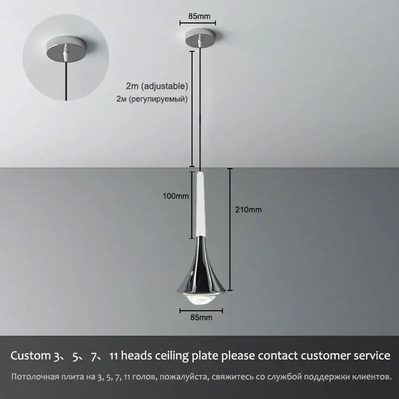 Modern chrome conical led rain pendant lamp with sleek tapered design and adjustable 2 meter cable by decorbites lodes rain