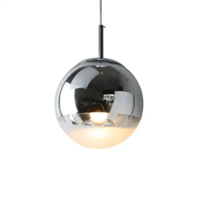 Modern chrome and copper glass ball led pendant light with reflective metallic surface and warm-toned diffuser for dining room
