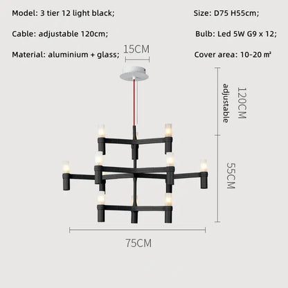 Black three-tier decorbites crown major chandelier with 12 led lights made of aluminum and glass for modern kitchen lighting