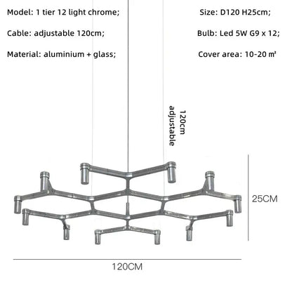 Modern chrome crown major chandelier features a multi tiered geometric honeycomb design in glass and chrome