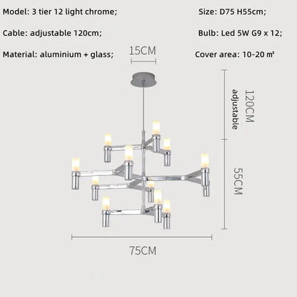 Modern chrome crown major chandelier with three tiers 12 led lights and glass shades for kitchen decorbites crown major