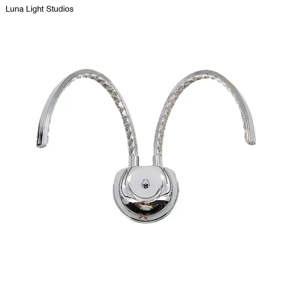 Modern chrome crystal arch wall sconce with two curved arms and warm white light for 110v-120v or 220v-240v use
