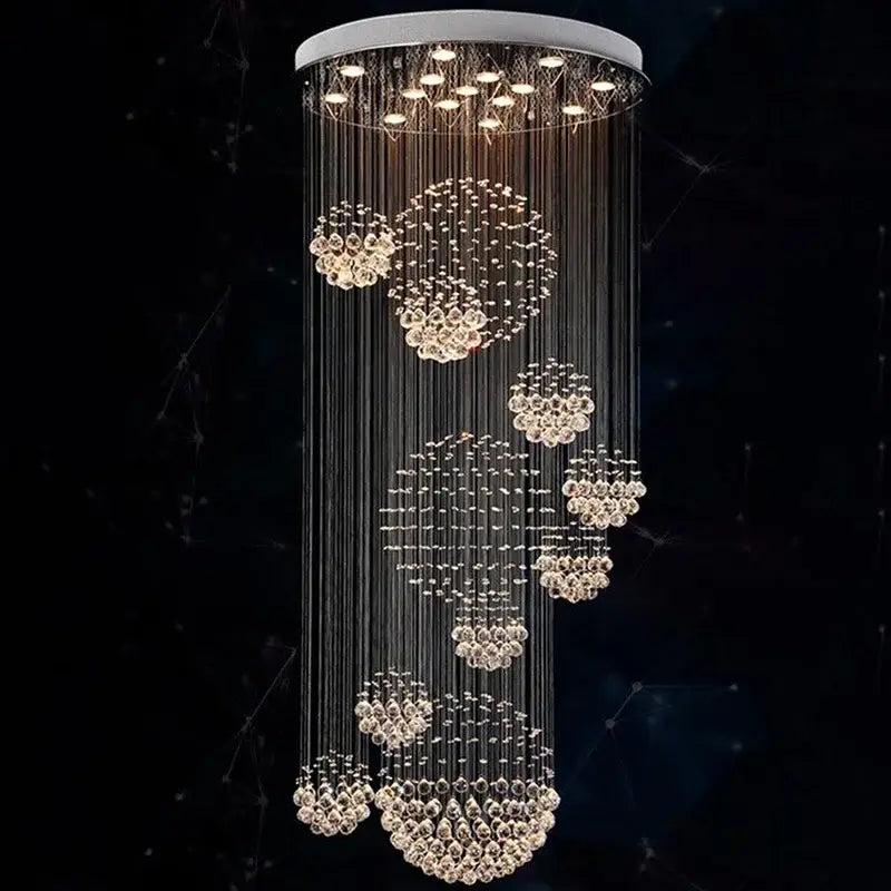Modern chrome crystal ball design chandelier set with cascading clear faceted crystals and sleek white ceiling mount