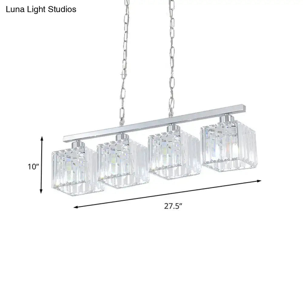 Silver-finished decorbites hanging lamp kit with four clear crystal block cubes suspended by chains in chrome finish