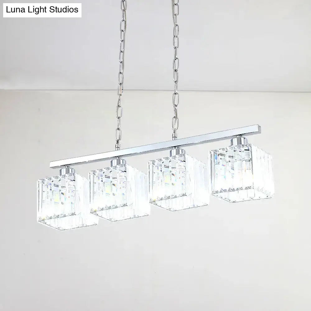 DecorBites™ simple style chrome hanging lamp kit with four clear crystal block cube shades suspended by chains
