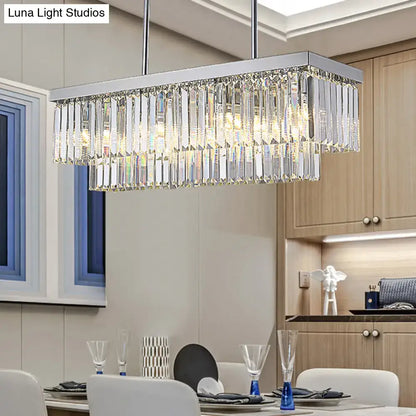 Modern chrome crystal block island light with rectangular frame and cascading clear prisms for dining room e12 e14 chain cord