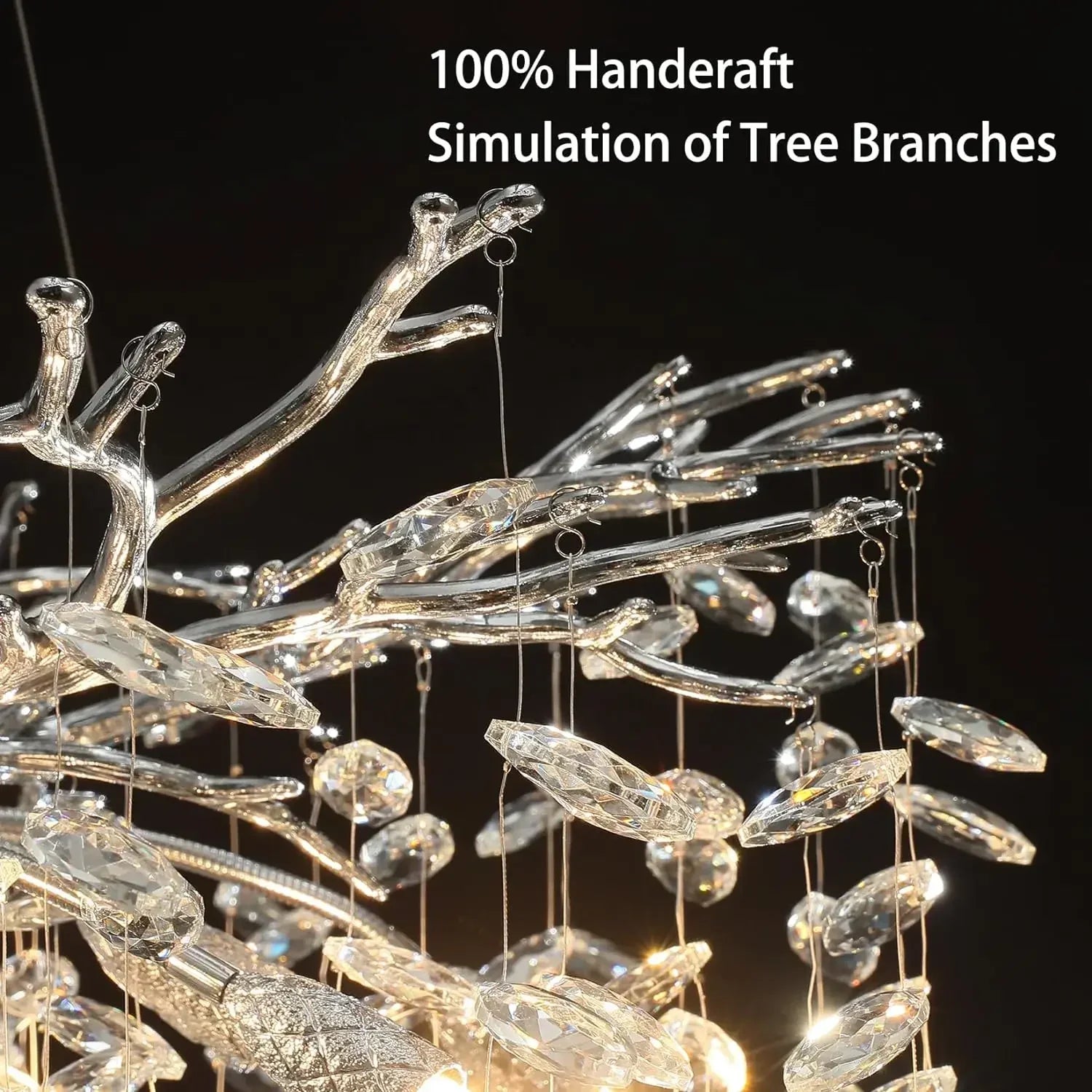 A shimmering silver modern chrome branch crystal chandelier with handcrafted arms for living room bedroom fixture