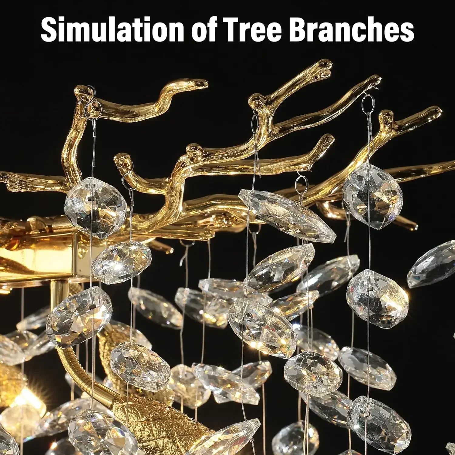 Modern chrome branch crystal chandelier with golden tree branches and clear crystal pendants for living room bedroom use