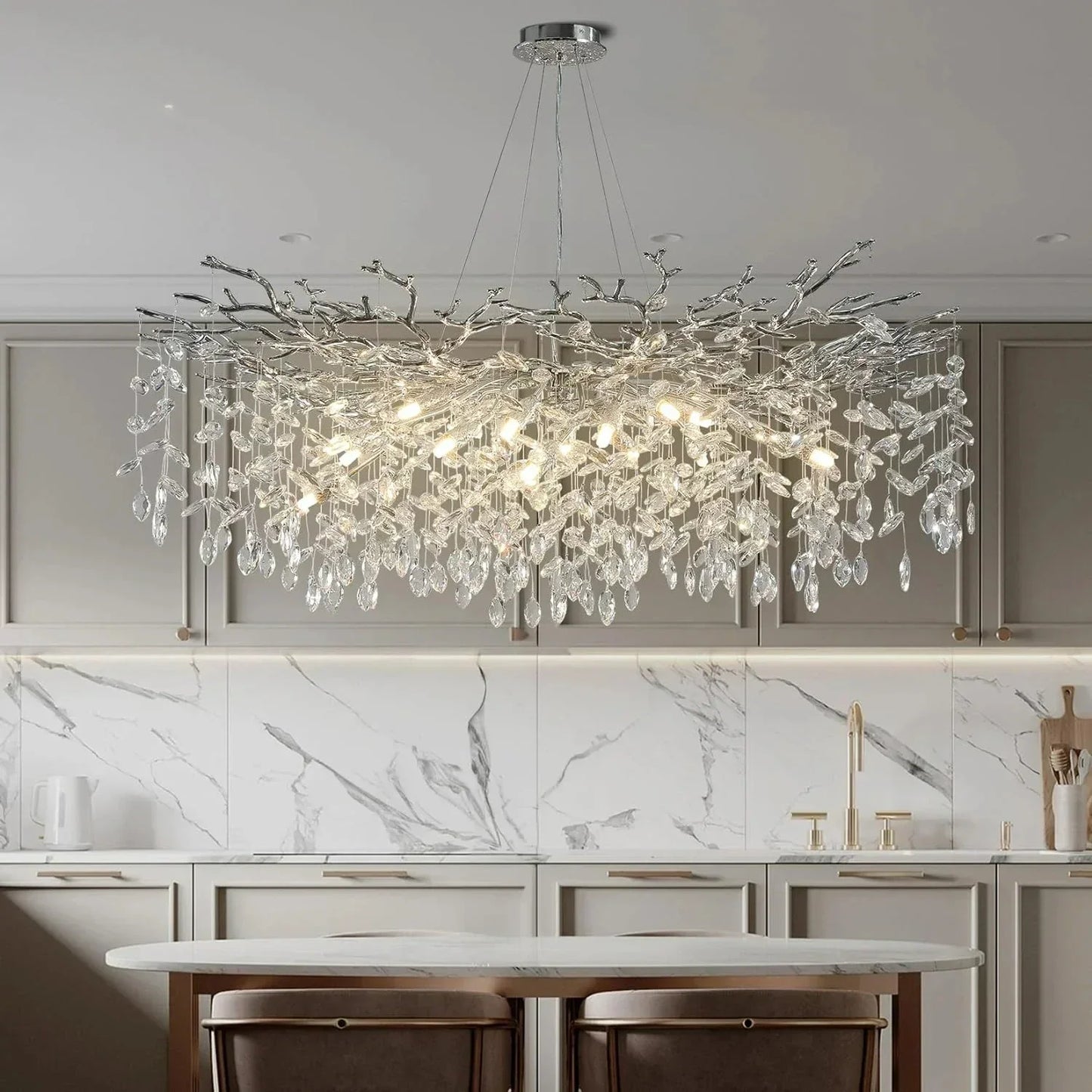 Modern chrome branch crystal chandelier with silver-toned frame and teardrop crystals for living room bedroom lighting