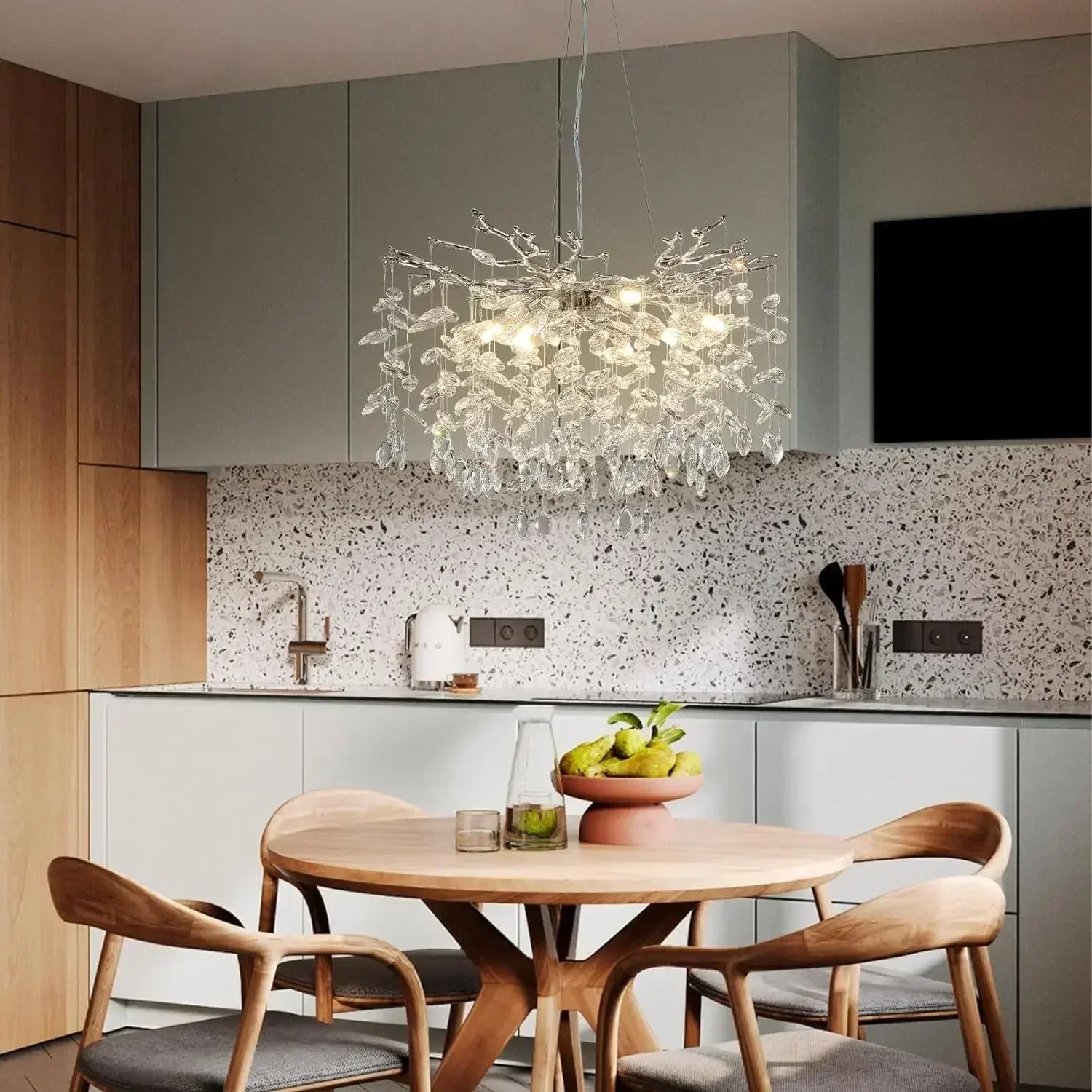 Modern chrome branch crystal chandelier with hanging droplets for living room bedroom dining kitchen fixture
