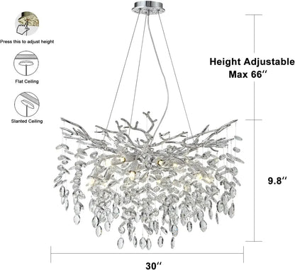 Modern chrome branch crystal chandelier with silver-toned branching design and clear crystals for living room bedroom lighting