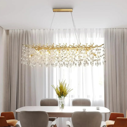 Gold-toned branch crystal chandelier with dangling crystal leaves for living room bedroom kitchen ceiling fixture