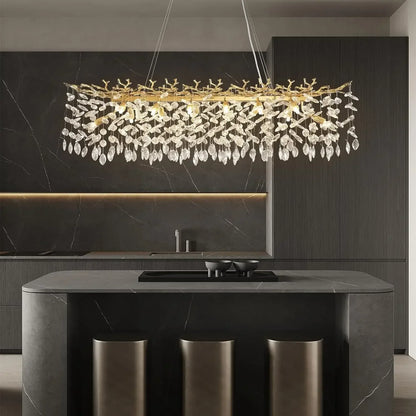 Gold-toned branch crystal chandelier with cascading crystal leaves for living room bedroom dining kitchen fixture