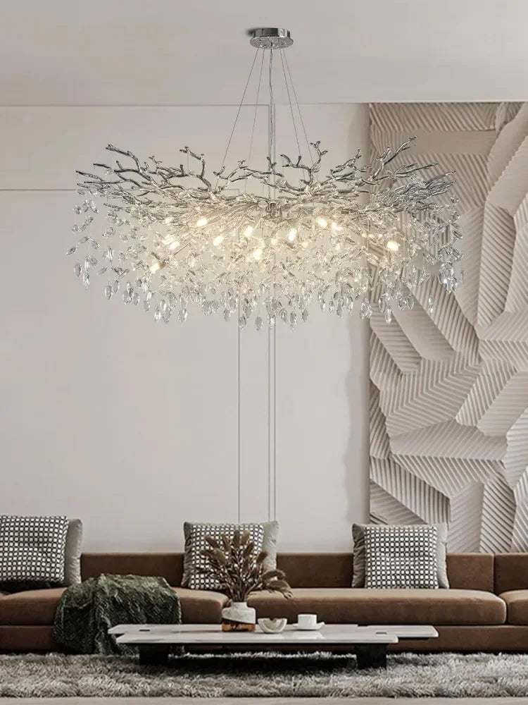 Modern chrome branch crystal chandelier with silver branches and crystal droplets for living room and bedroom