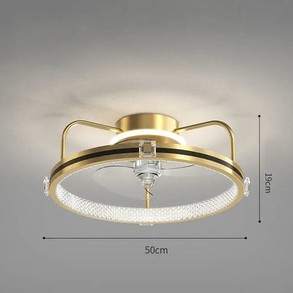 Modern chrome crystal ceiling fan light with gold-toned circular design, crystal-encrusted ring, and black accent bands