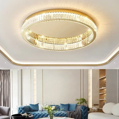 Modern chrome crystal circle led ceiling chandelier with gold-toned concentric rings of faceted crystal decorbites crystal circle