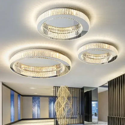 Modern chrome crystal circle led ceiling chandelier with crystal faceted elements for living room decorbites ceiling chandelier