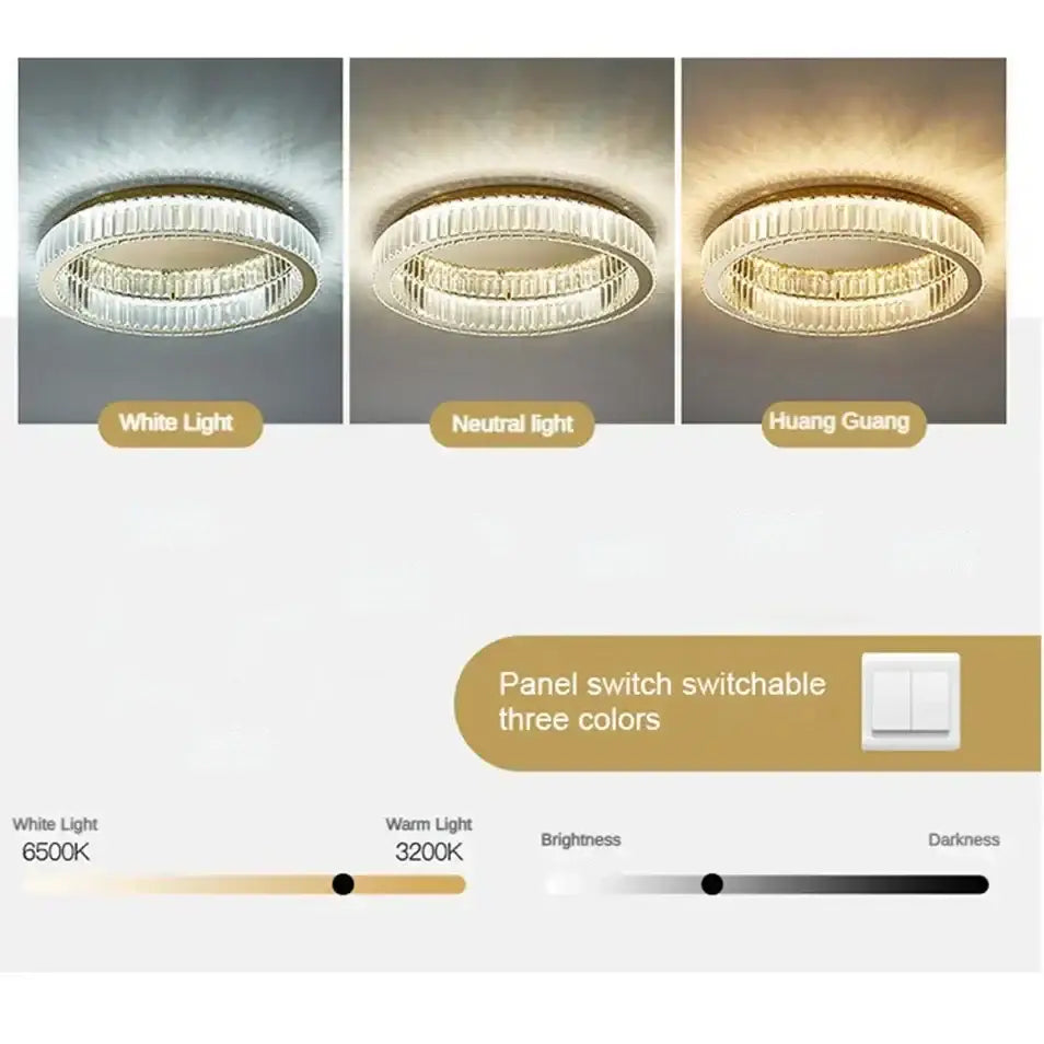Modern chrome crystal circle led ceiling chandelier with adjustable white neutral and warm light settings decorbites crystal circle