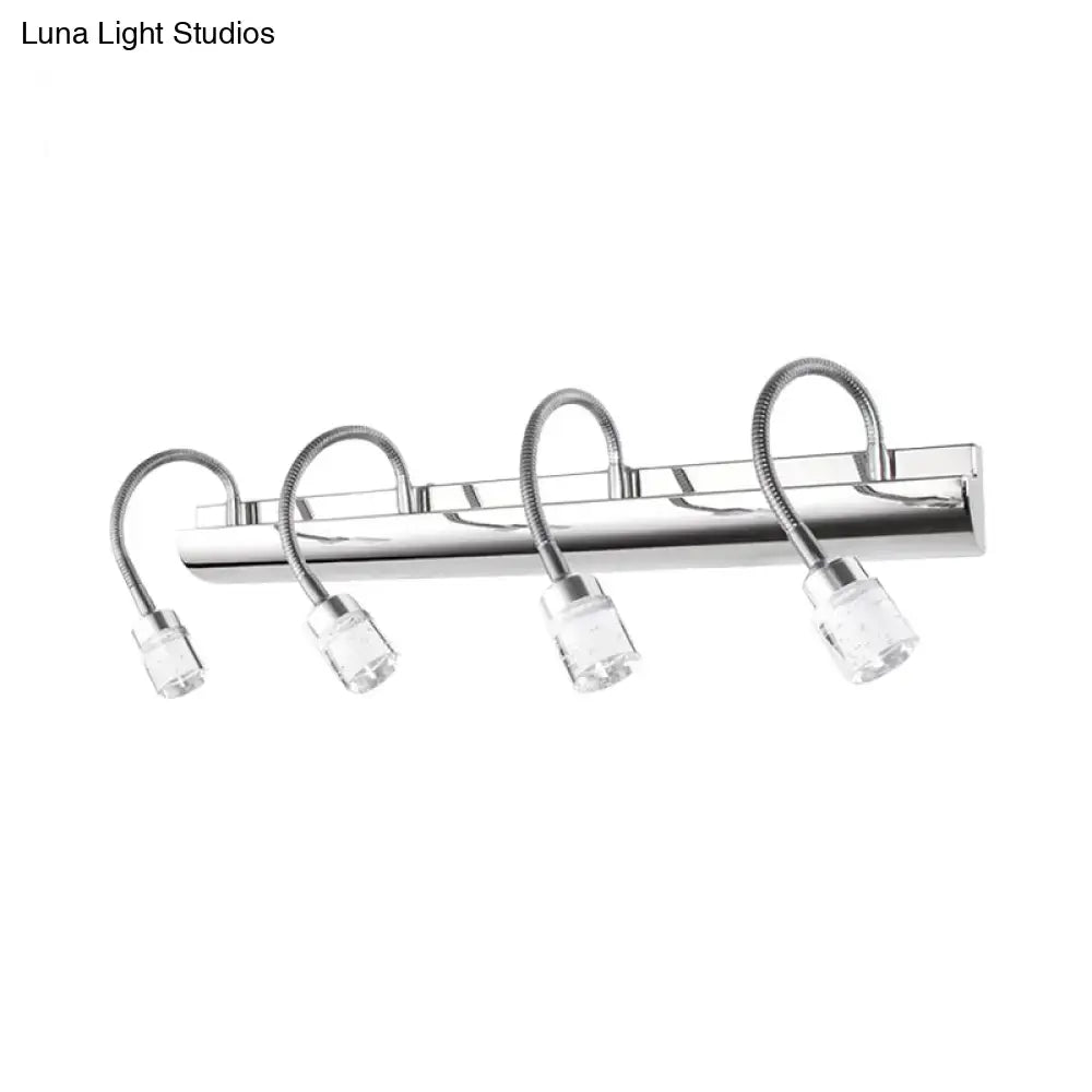 Modern chrome crystal cylinder vanity wall sconce with four flexible gooseneck arms and clear crystal cylinder bulb holders