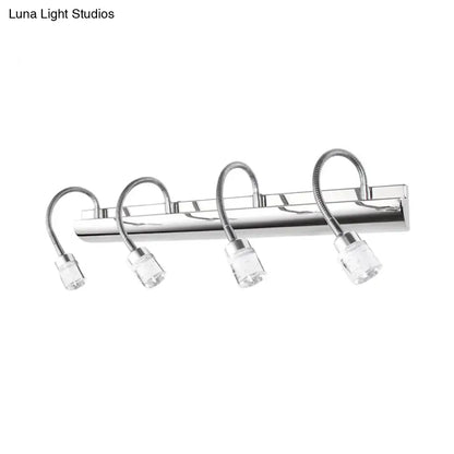 Modern chrome crystal cylinder vanity wall sconce with four flexible gooseneck arms and clear crystal cylinder bulb holders