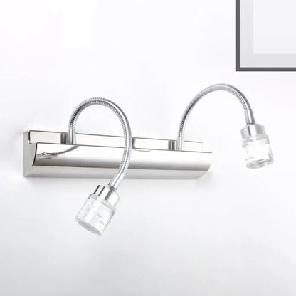 Modern chrome crystal cylinder vanity wall sconce with two flexible gooseneck arms and clear crystal cylinder lamp heads
