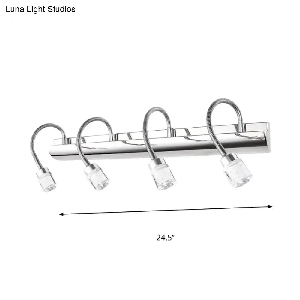 Modern chrome wall sconce with four flexible gooseneck arms and clear crystal cylinder glass shades for vanity lighting