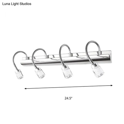 Modern chrome wall sconce with four flexible gooseneck arms and clear crystal cylinder glass shades for vanity lighting