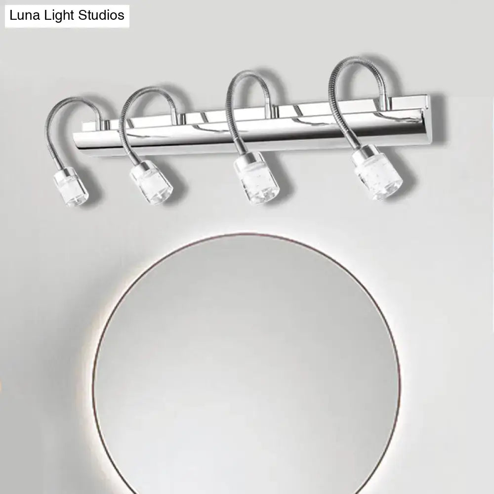 Modern chrome wall sconce with four flexible arms and clear crystal cylinder vanity lamp heads for bedroom reading light