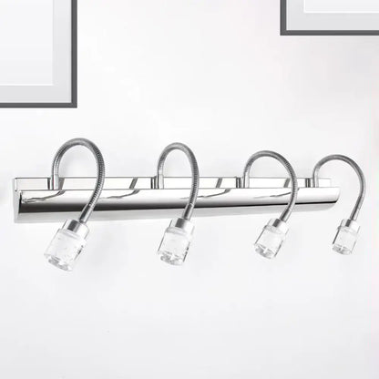 Modern chrome crystal cylinder vanity wall sconce with four flexible gooseneck arms and clear crystal cylinder lamp heads